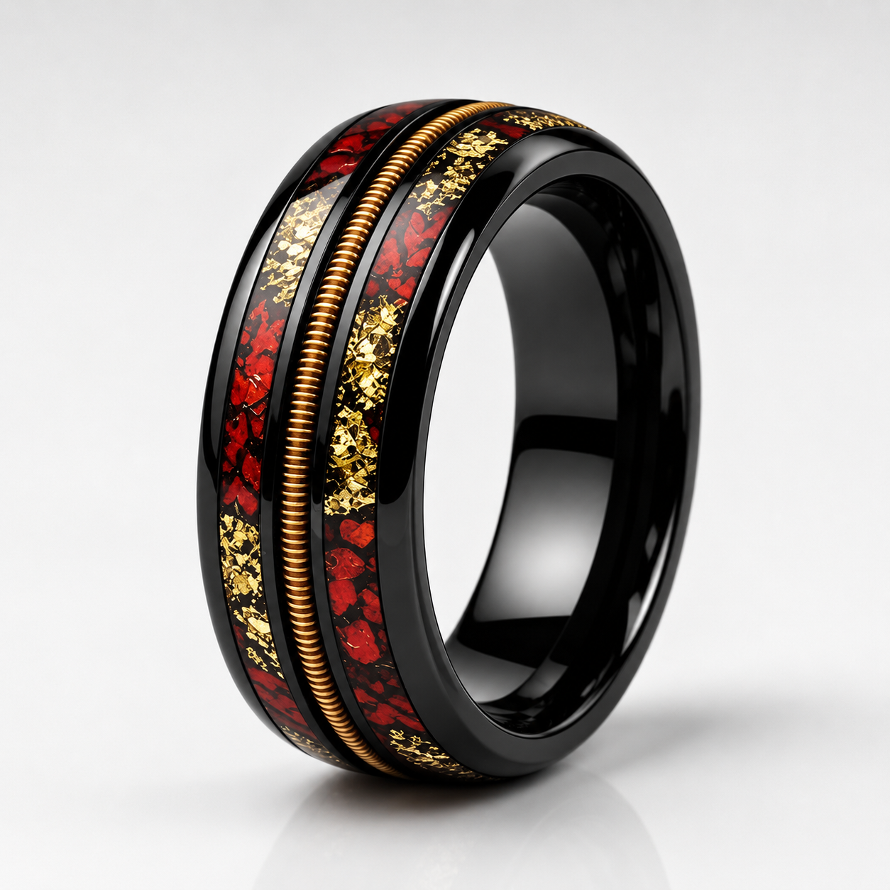 Black Tungsten Ring with Guitar String, Gold Foil & Red Opal Inlay
