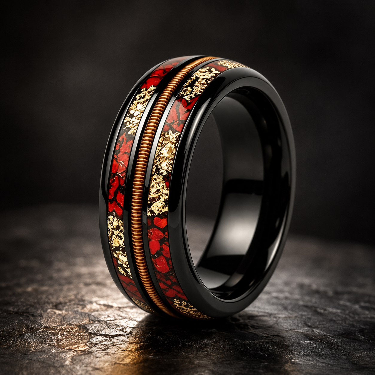 Black Tungsten Ring with Guitar String, Gold Foil & Red Opal Inlay