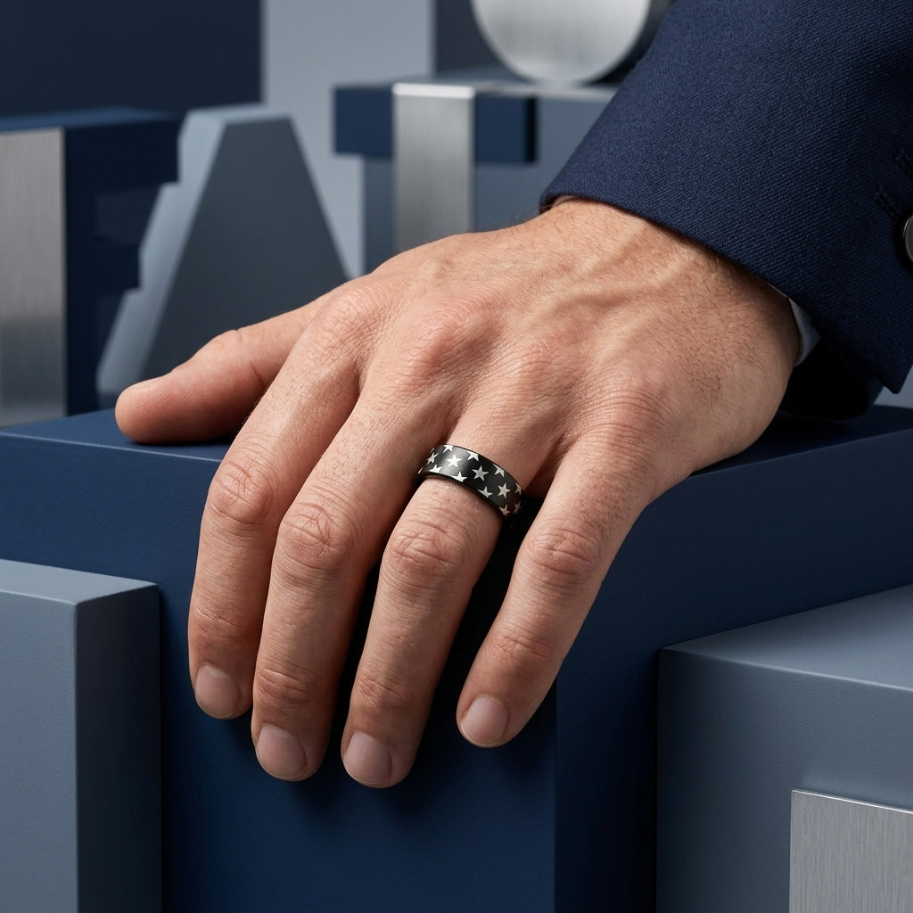 Black Tungsten Ring with Laser Star Engraving