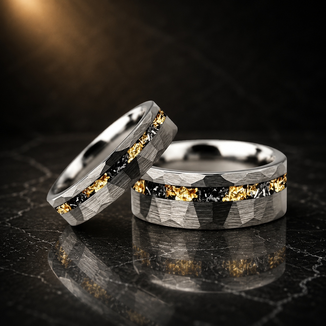 Black Tungsten Ring with Meteorite Gold Foil Inlay