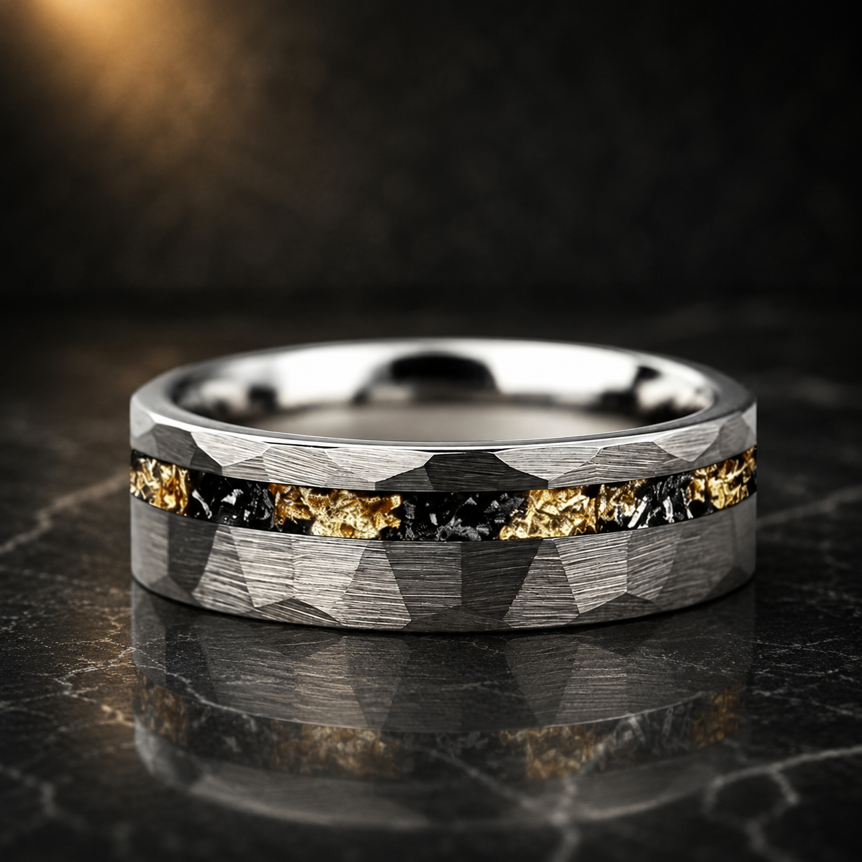 Black Tungsten Ring with Meteorite Gold Foil Inlay