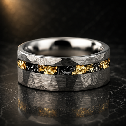 Black Tungsten Ring with Meteorite Gold Foil Inlay