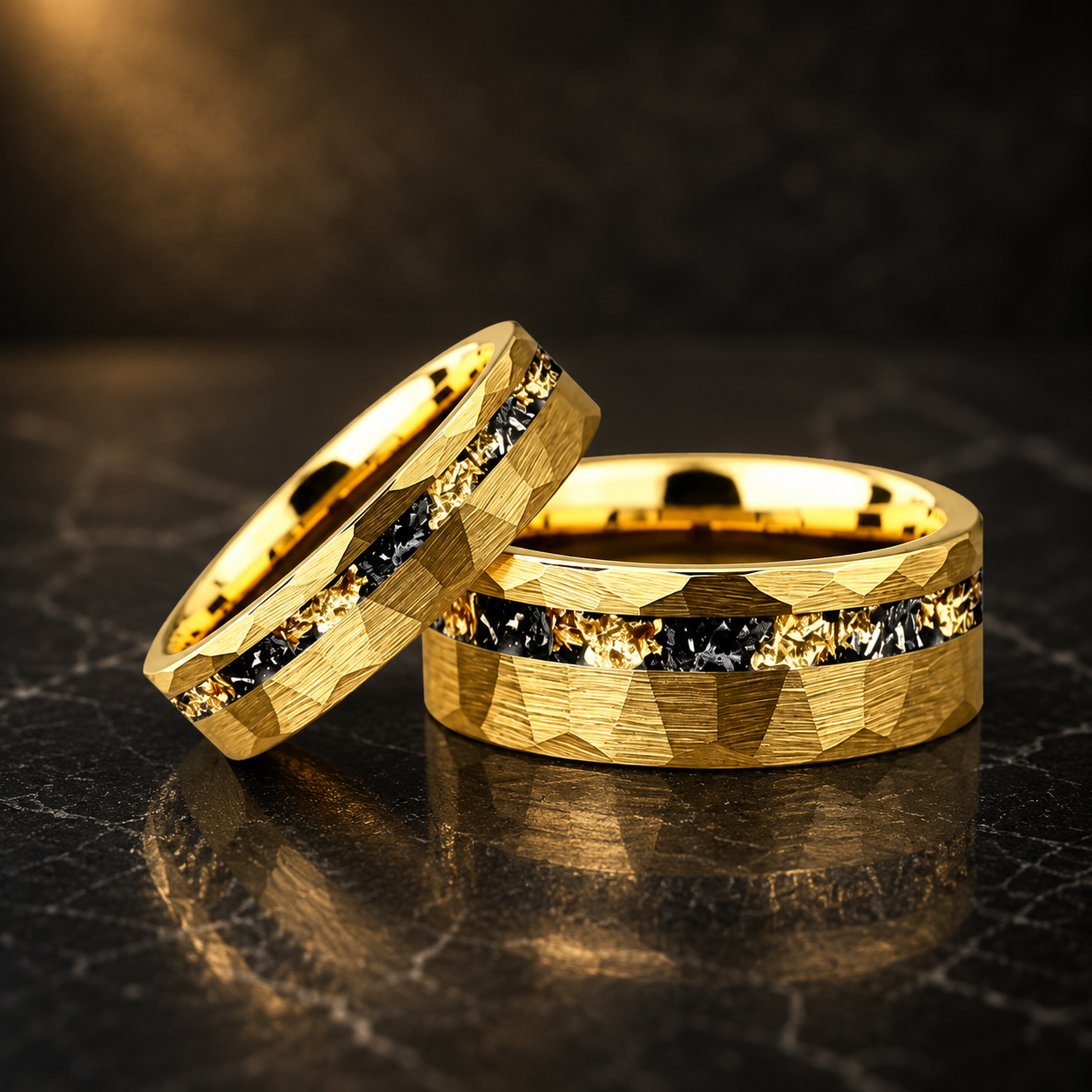 Black Tungsten Ring with Meteorite Gold Foil Inlay