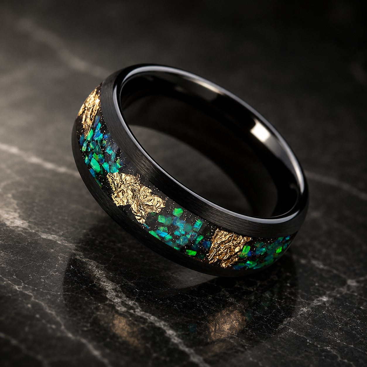 Black Tungsten Ring with Opal & Gold Leaf Inlay