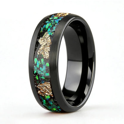 Black Tungsten Ring with Opal & Gold Leaf Inlay