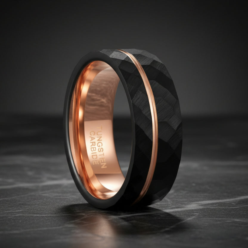 Black Tungsten Ring with Rose Gold Groove