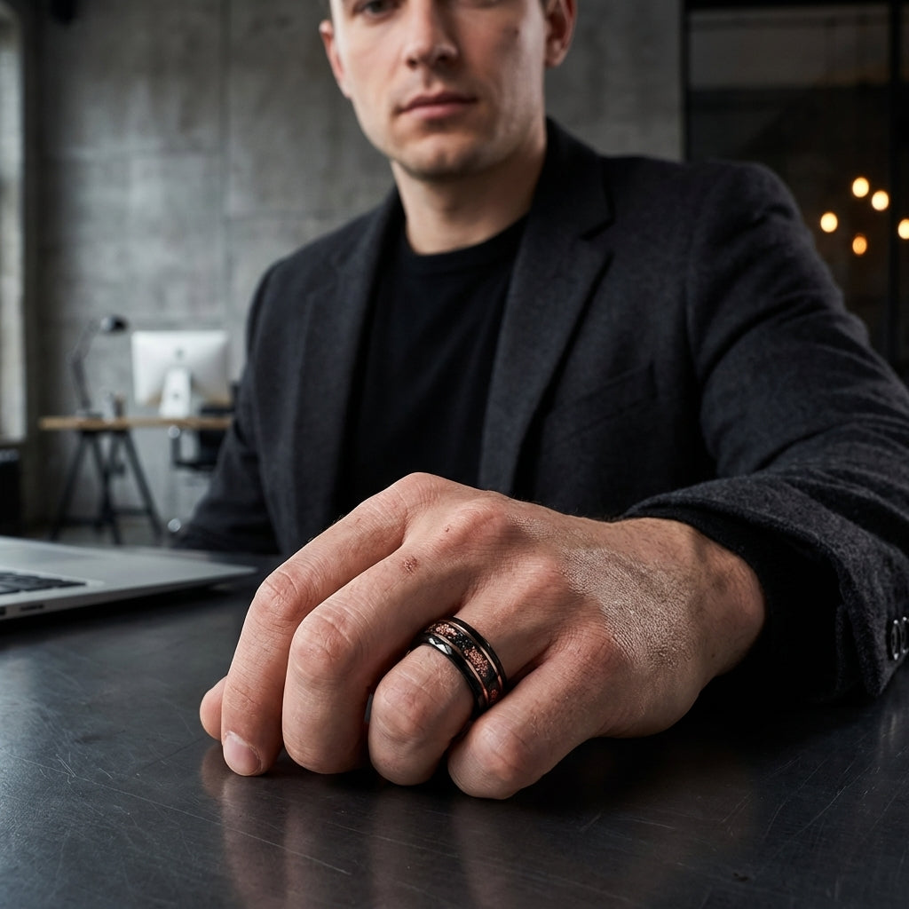 Black Tungsten Ring with Rose Gold Foil 