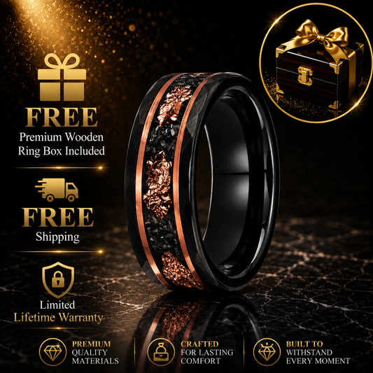 Black Tungsten Ring with Rose Gold Foil and Meteorite