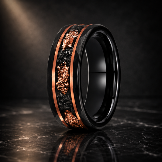 Black Tungsten Ring with Rose Gold Foil and Meteorite