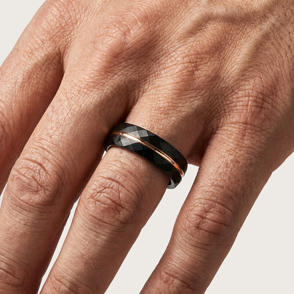 Black Tungsten Ring with Rose Gold Groove