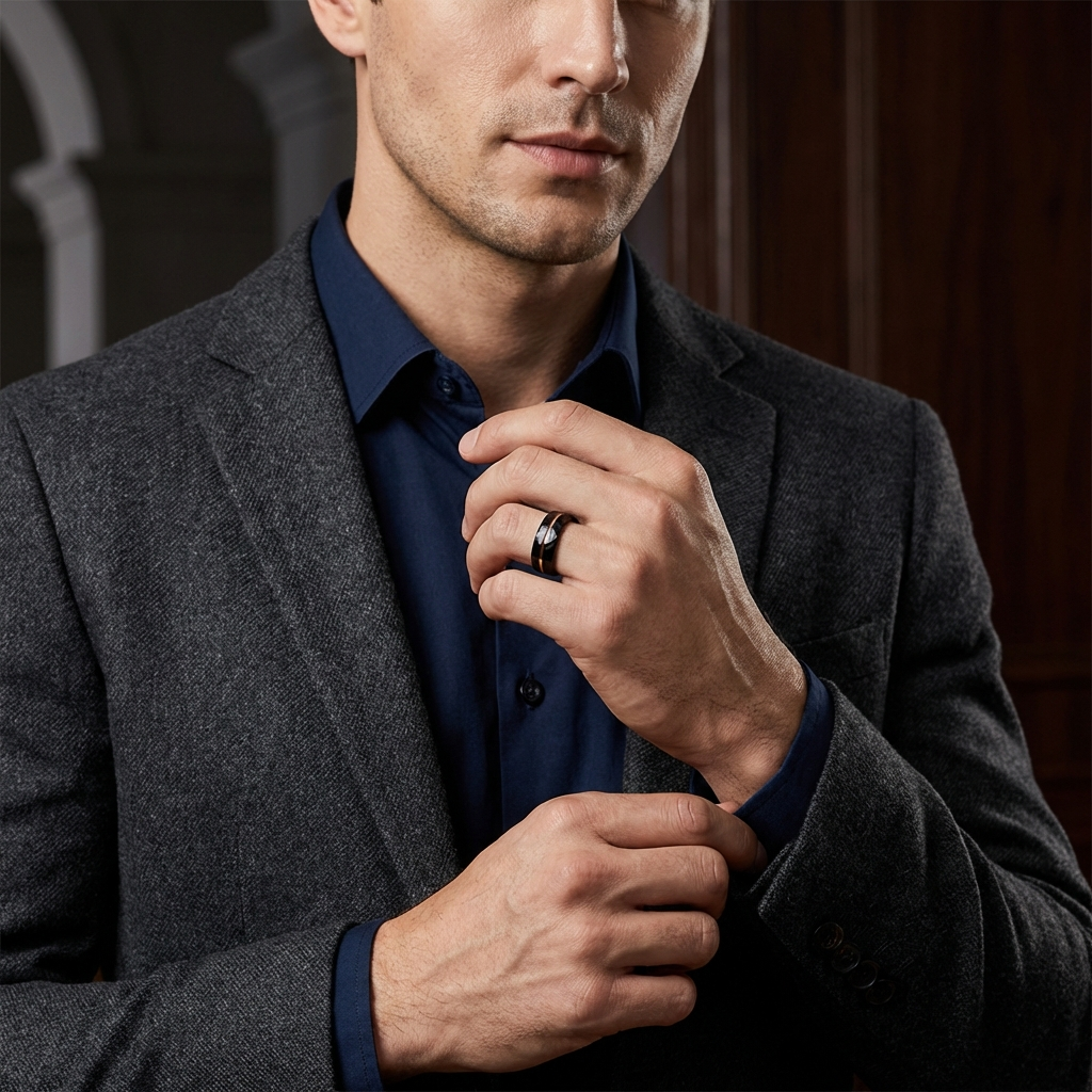 Black Tungsten Ring with Rose Gold Groove