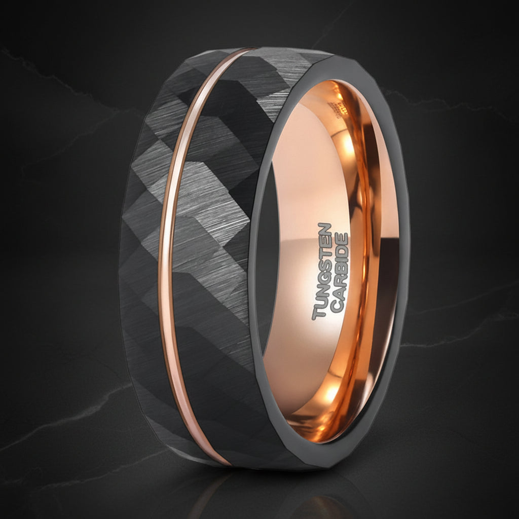 Black Tungsten Ring with Rose Gold Groove