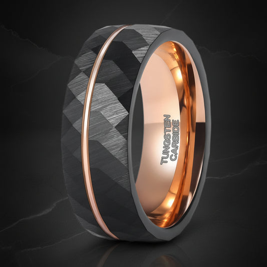 Black Tungsten Ring with Rose Gold Groove