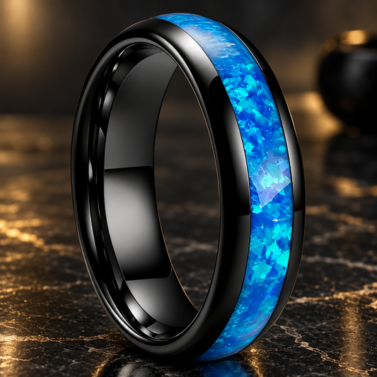 Black Tungsten Ring with Blue Opal Inlay