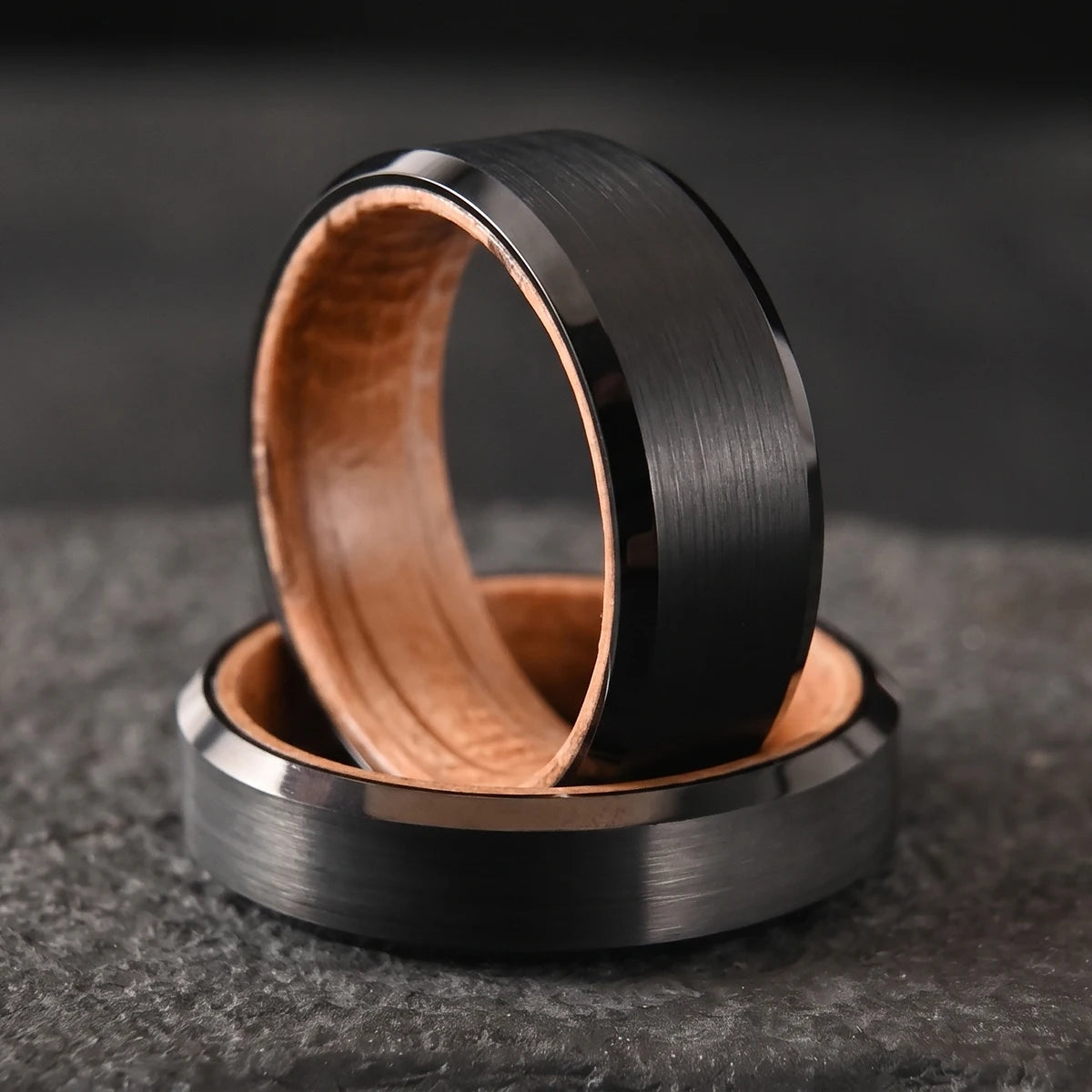 Black Tungsten Ring with Whiskey Barrel Wood