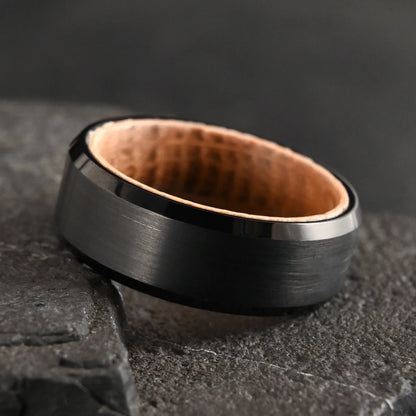 Black Tungsten Ring with Whiskey Barrel Wood