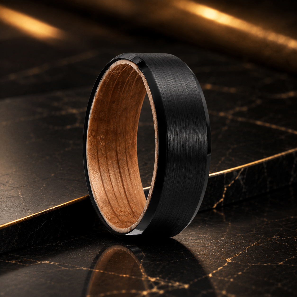 Black Tungsten Ring with Whiskey Barrel Wood Interior
