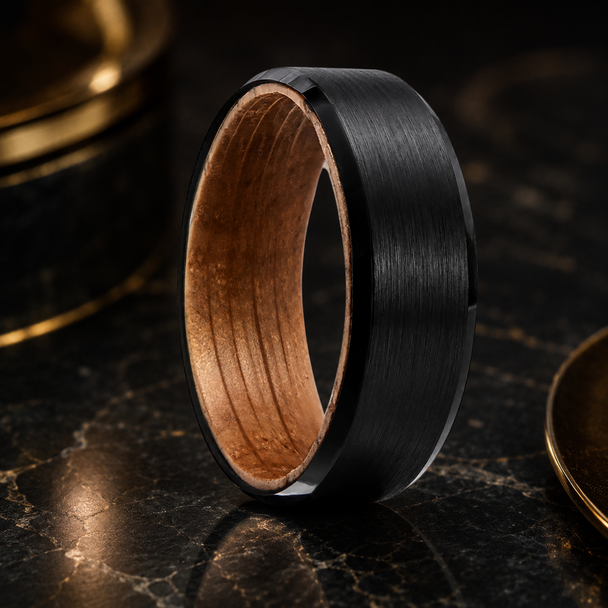 Black Tungsten Ring with Whiskey Barrel Wood Interior