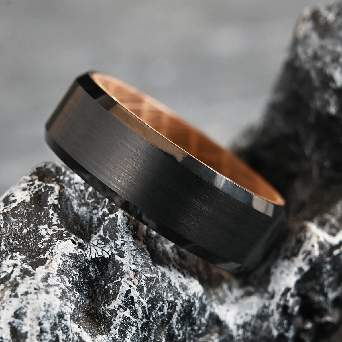 Black Tungsten Ring with Whiskey Barrel Wood