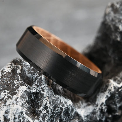 Black Tungsten Ring with Whiskey Barrel Wood