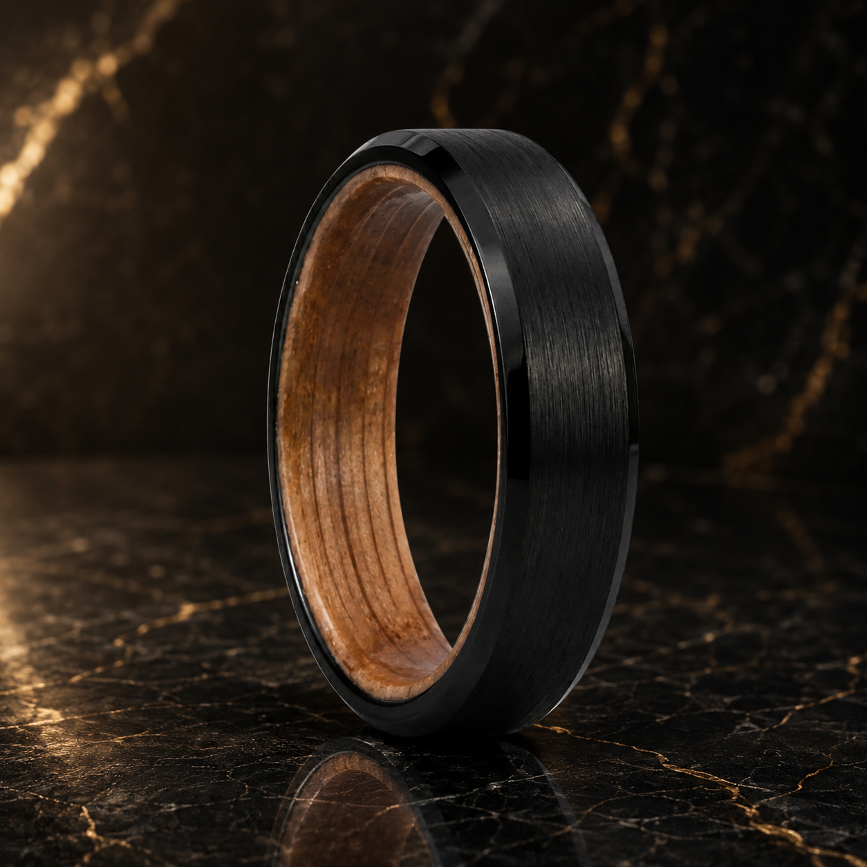 Black Tungsten Ring with Whiskey Barrel Wood Interior