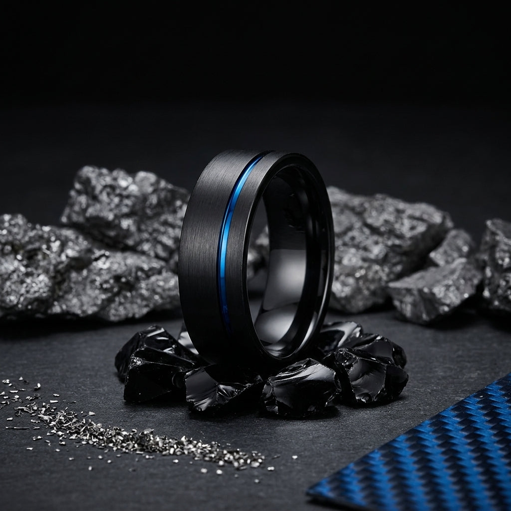 Black Tungsten Wedding Band with Blue Offset Groove