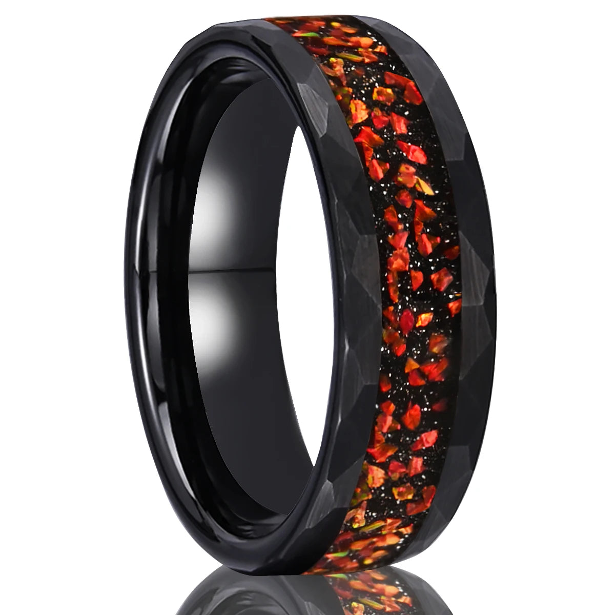 Black Tungsten Wedding Band with Red Opal Inlay