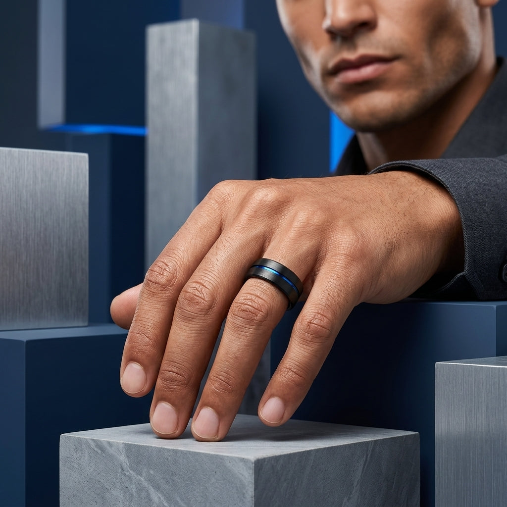 Black Tungsten Wedding Band with Blue Offset Groove