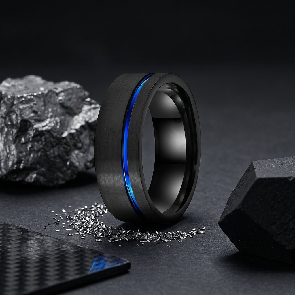Black Tungsten Wedding Band with Blue Offset Groove