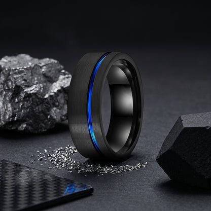 Black Tungsten Wedding Band with Blue Offset Groove