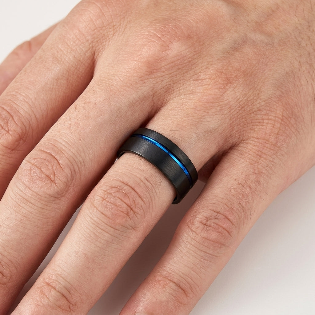 Black Tungsten Wedding Band with Blue Offset Groove