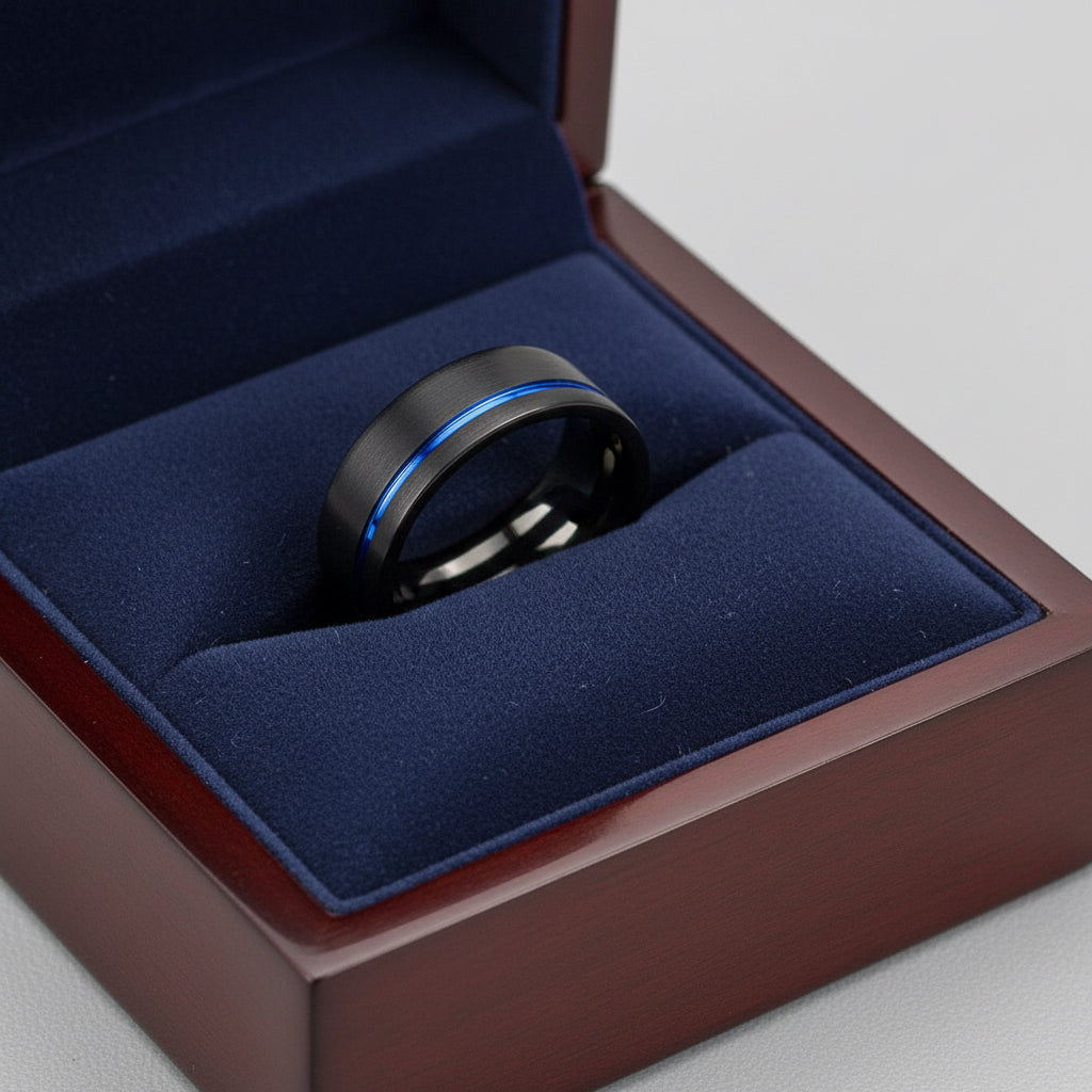 Black_Tungsten_Wedding_Band_with_Blue_Offset_Groove