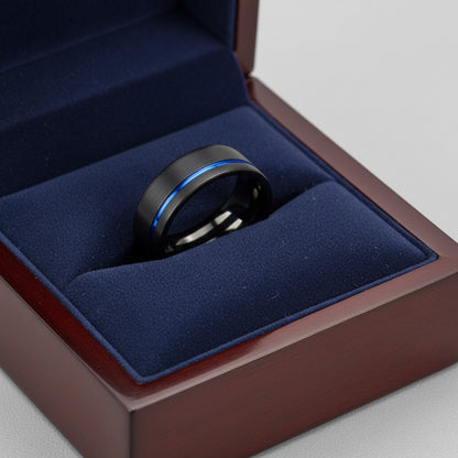 Black_Tungsten_Wedding_Band_with_Blue_Offset_Groove