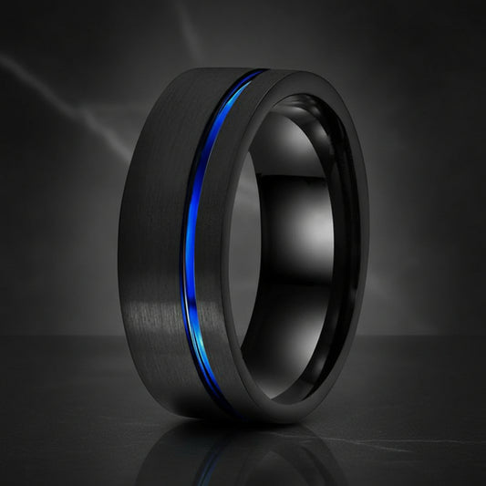 Black_Tungsten_Wedding_Band_with_Blue_Offset_Groove