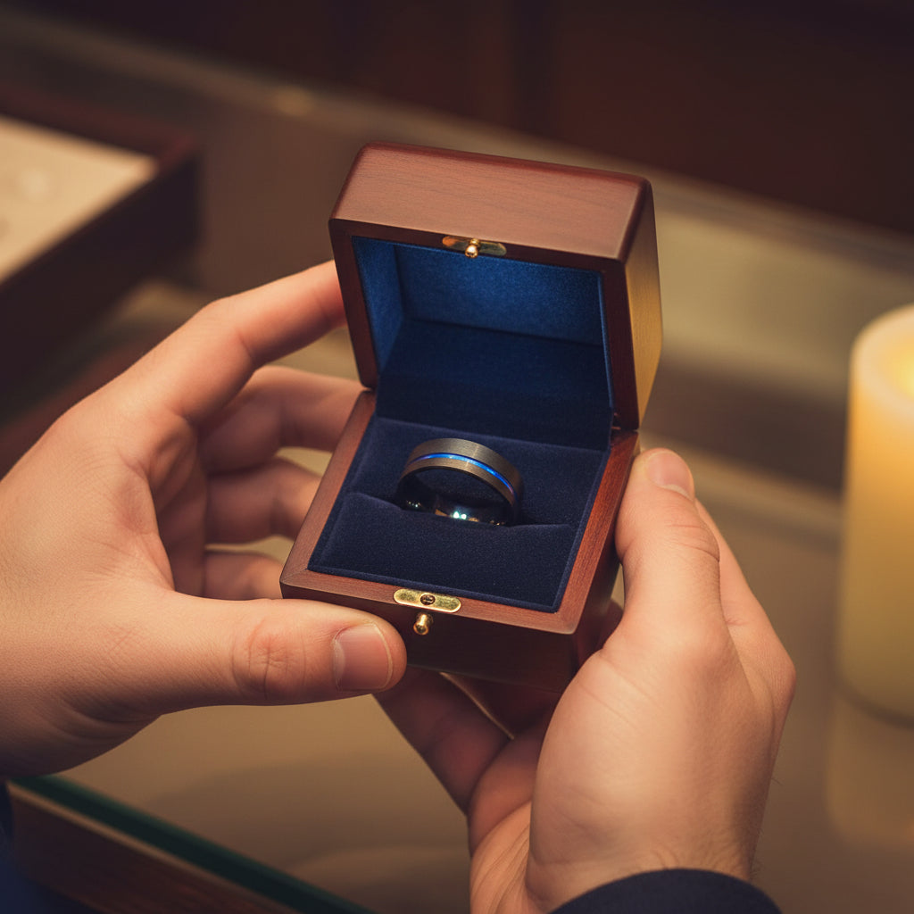 Black_Tungsten_Wedding_Band_with_Blue_Offset_Groove