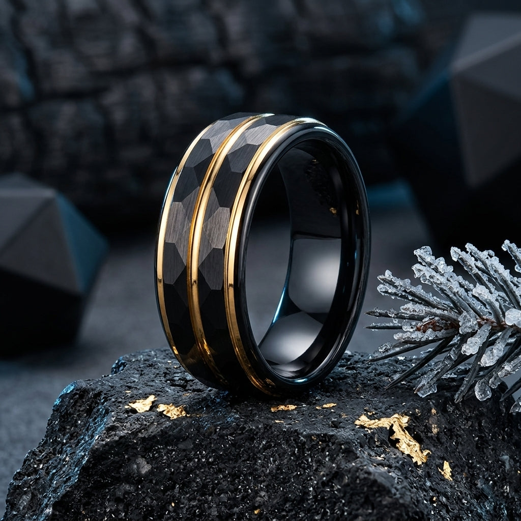 Black Tungsten Wedding Band with Gold Groove