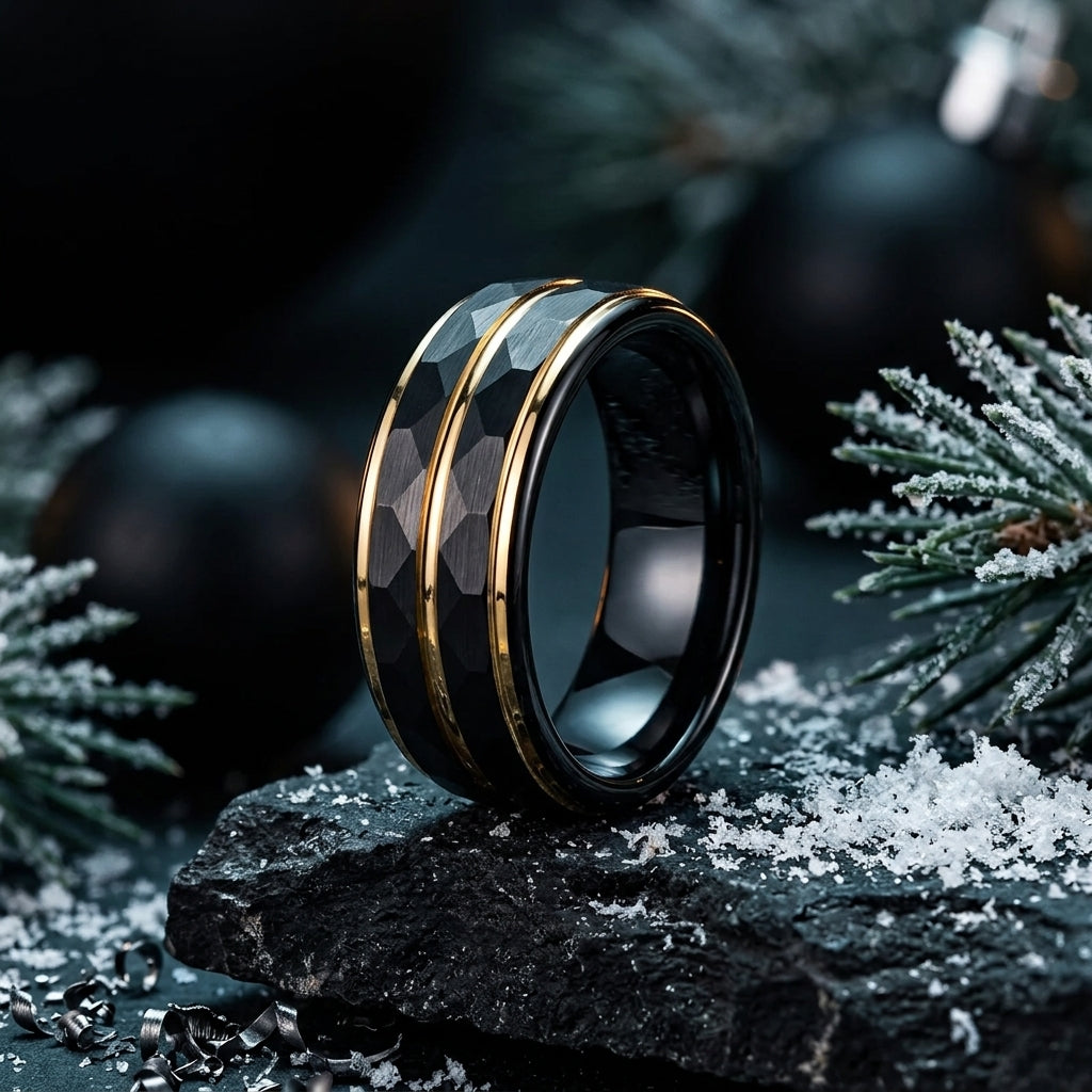 Black Tungsten Wedding Band with Gold Groove