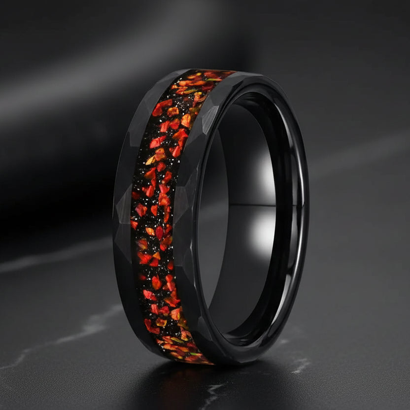 Black Tungsten Wedding Band with Red Opal Inlay