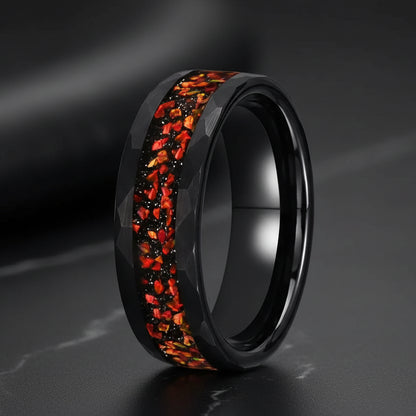Black Tungsten Wedding Band with Red Opal Inlay