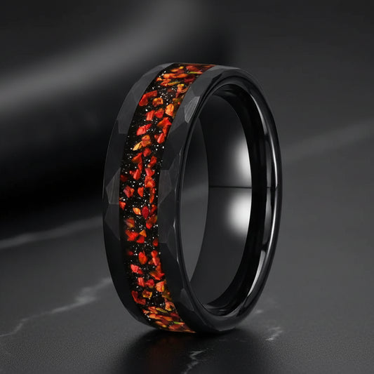 Black Tungsten Wedding Band with Red Opal Inlay