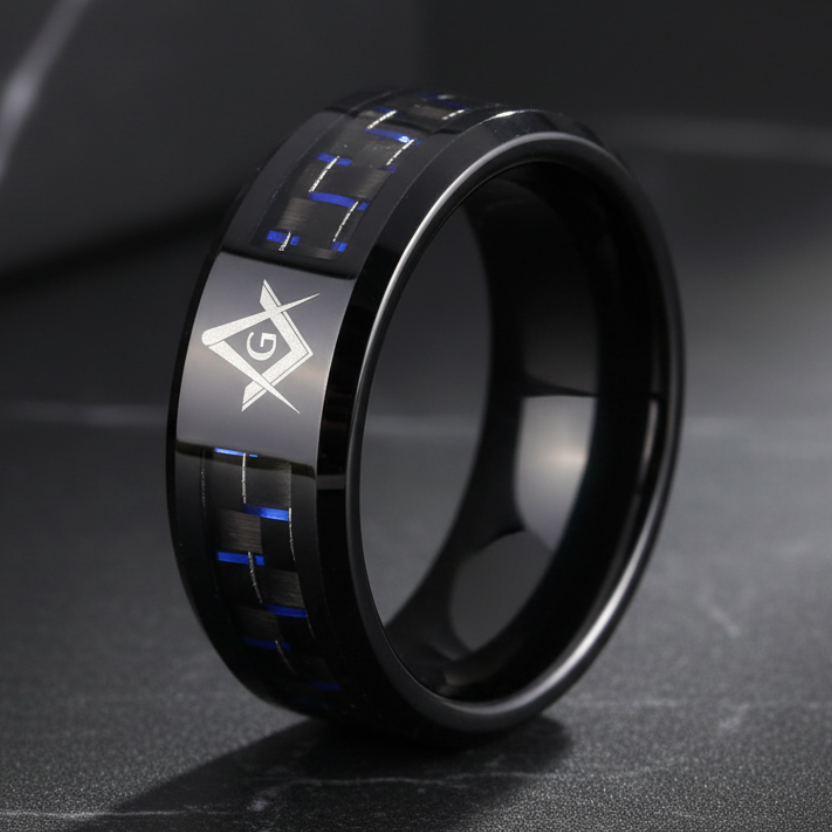Black Tungsten With Fiber Masonic Ring