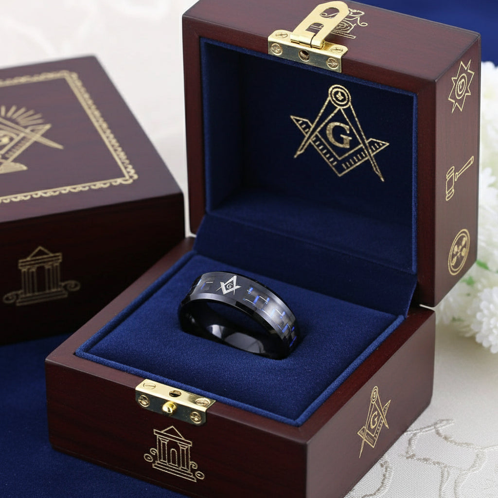 Black Tungsten With Fiber Masonic Ring