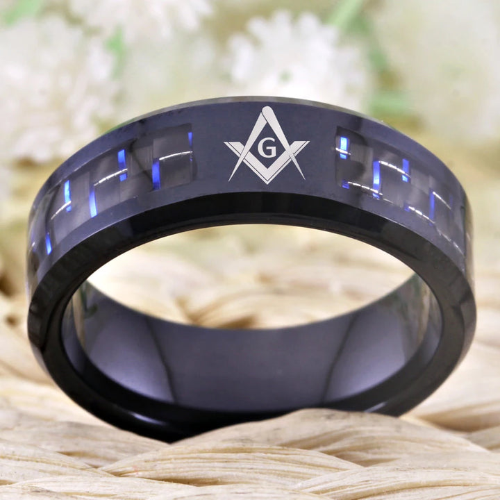 Black Tungsten With Fiber Masonic Ring