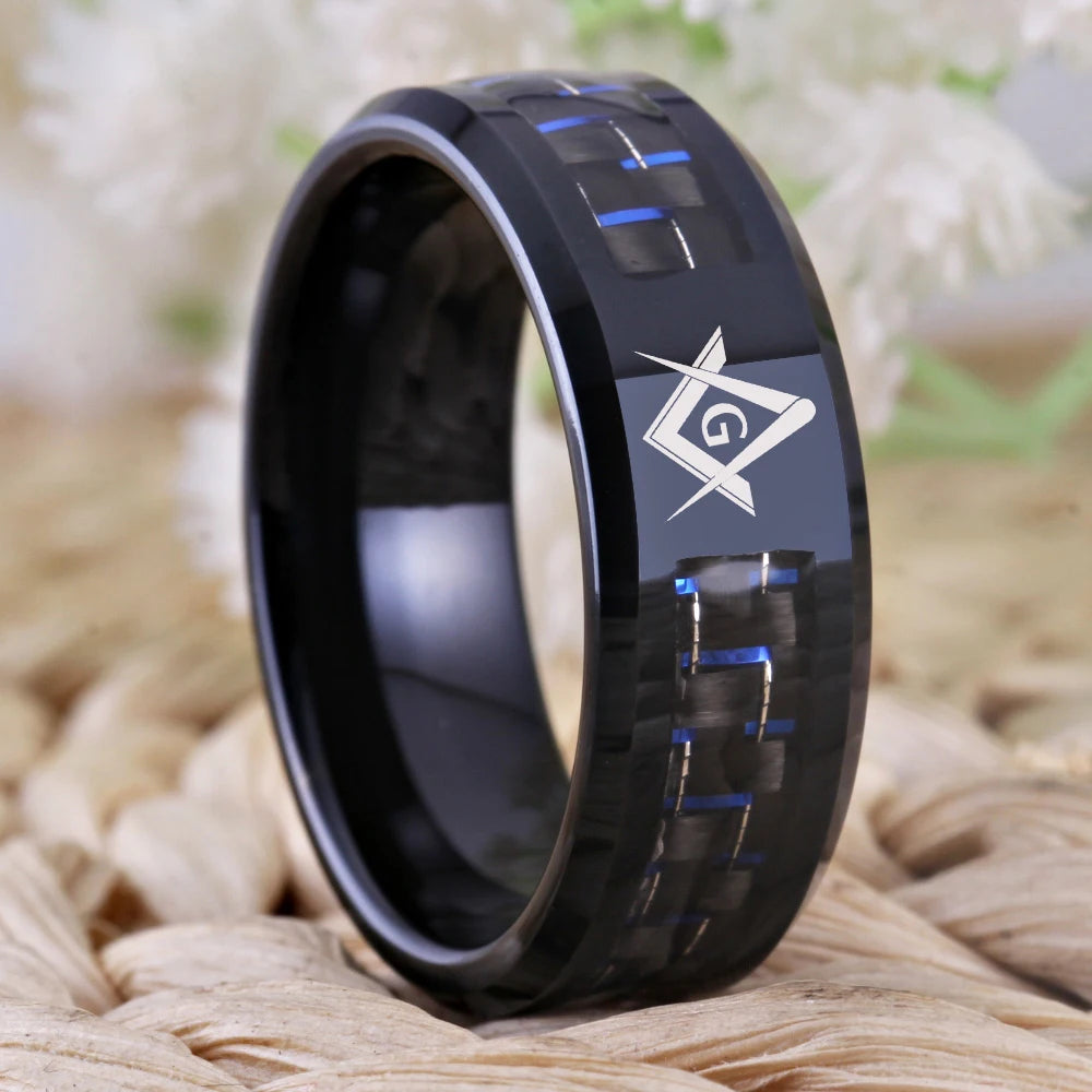 Black Tungsten With Fiber Masonic Ring