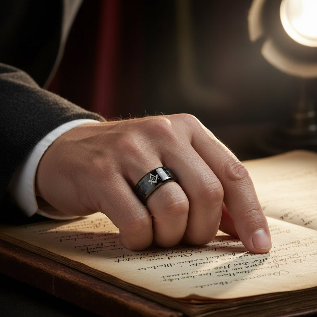Black Tungsten With Fiber Masonic Ring