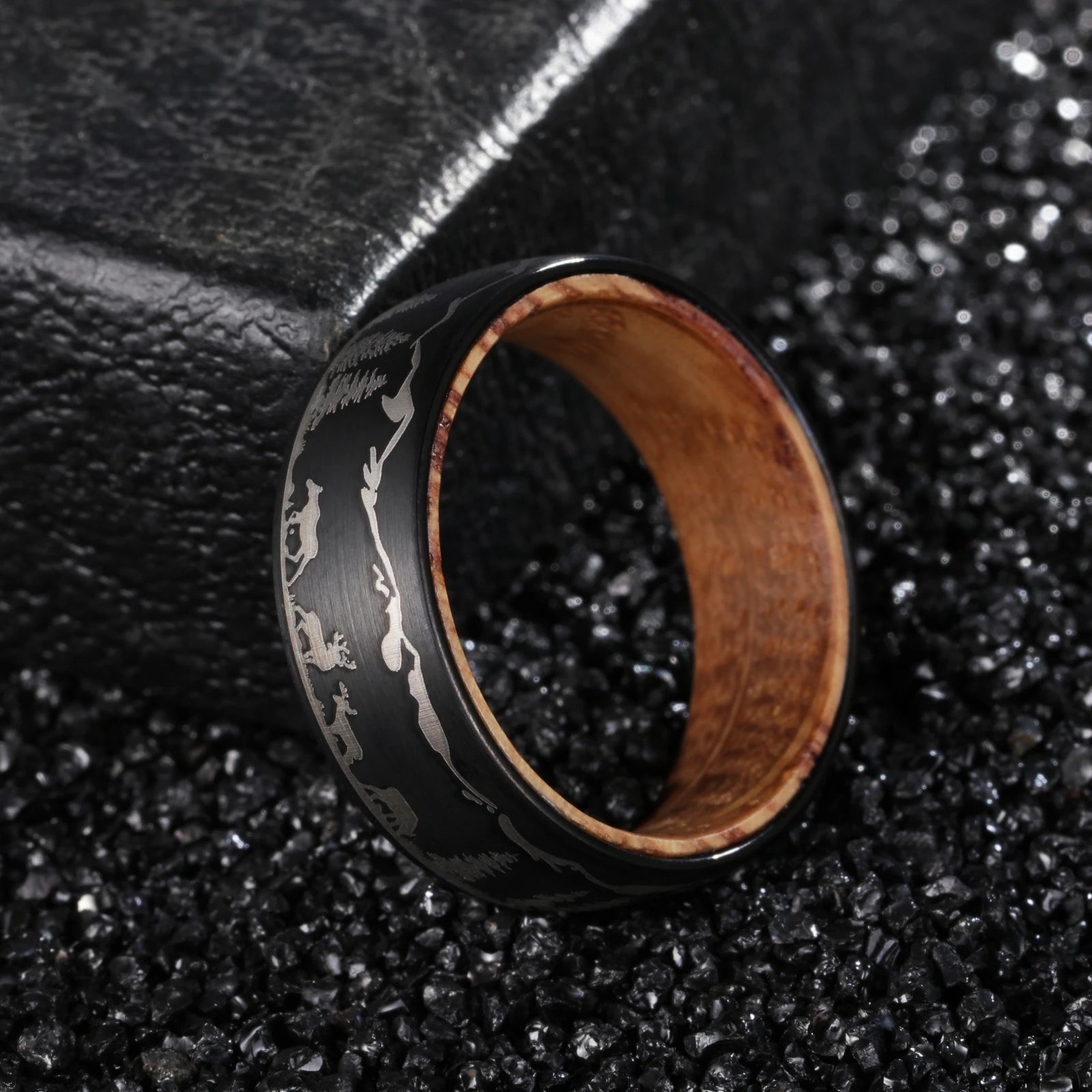 8mm Black Tungsten Wood Ring with Laser Forest Inlay