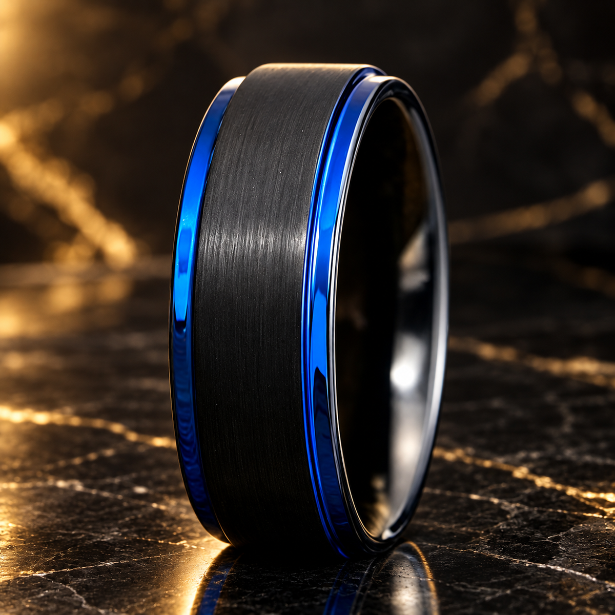 Black and Blue Tungsten Mens Ring