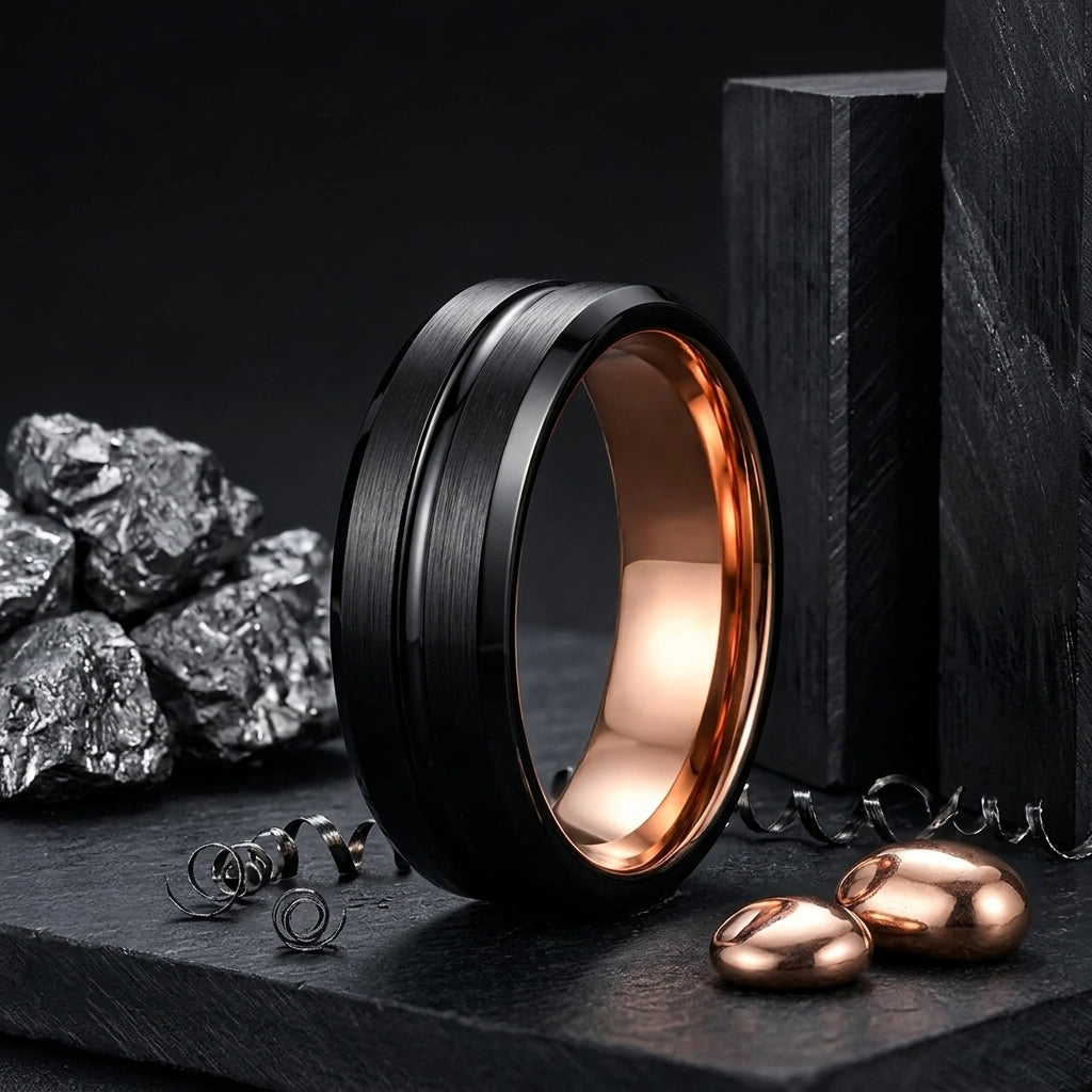 Black and Rose Gold Tungsten Ring
