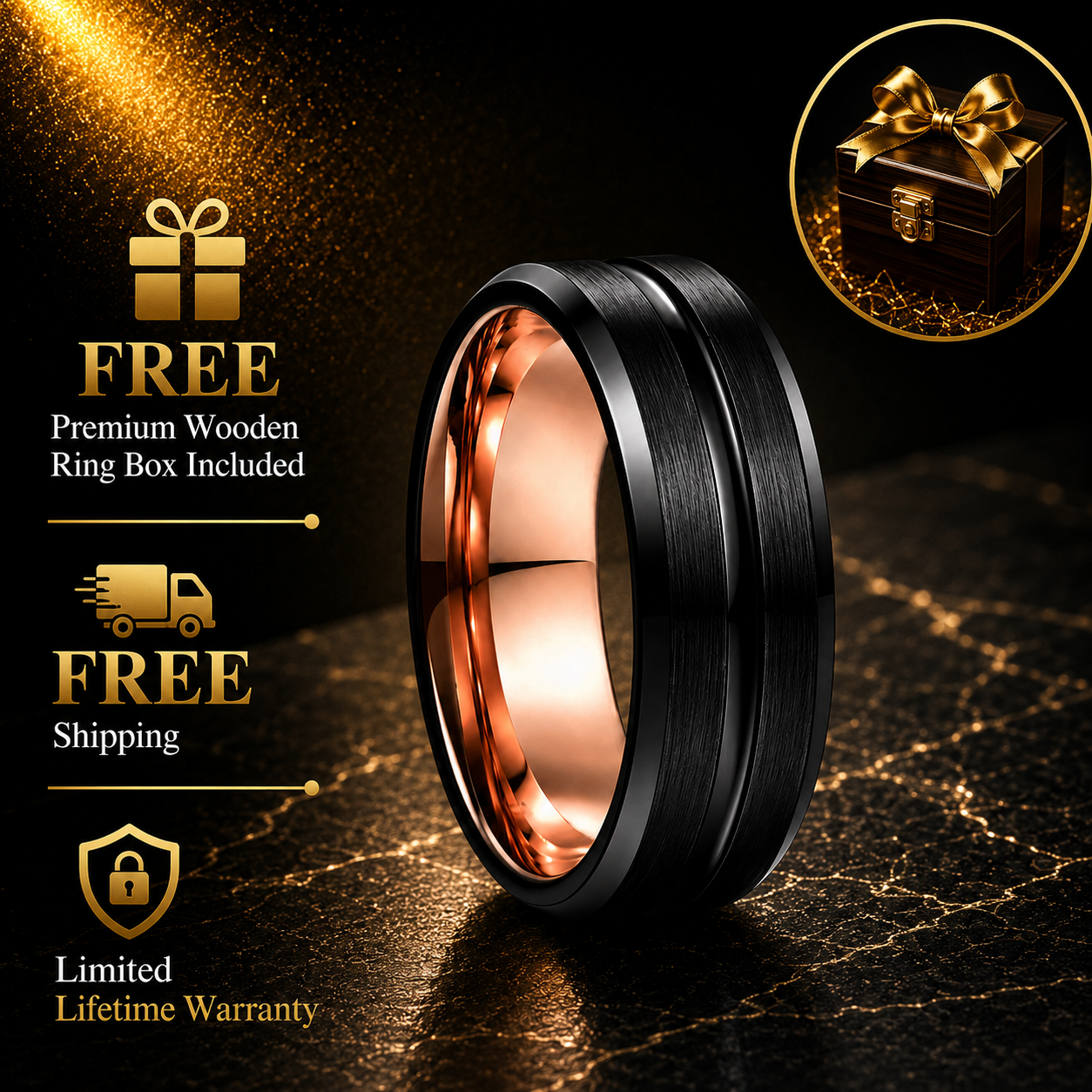 Black and Rose Gold Tungsten Ring
