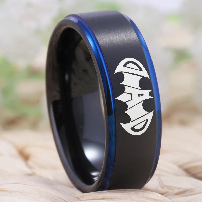 Black ring with blue accent and 'DAD' engraving